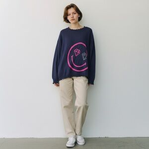 LOGO Lori Goldstein Smiley World Navy Blue Sweater Pink Smiley Distressed M